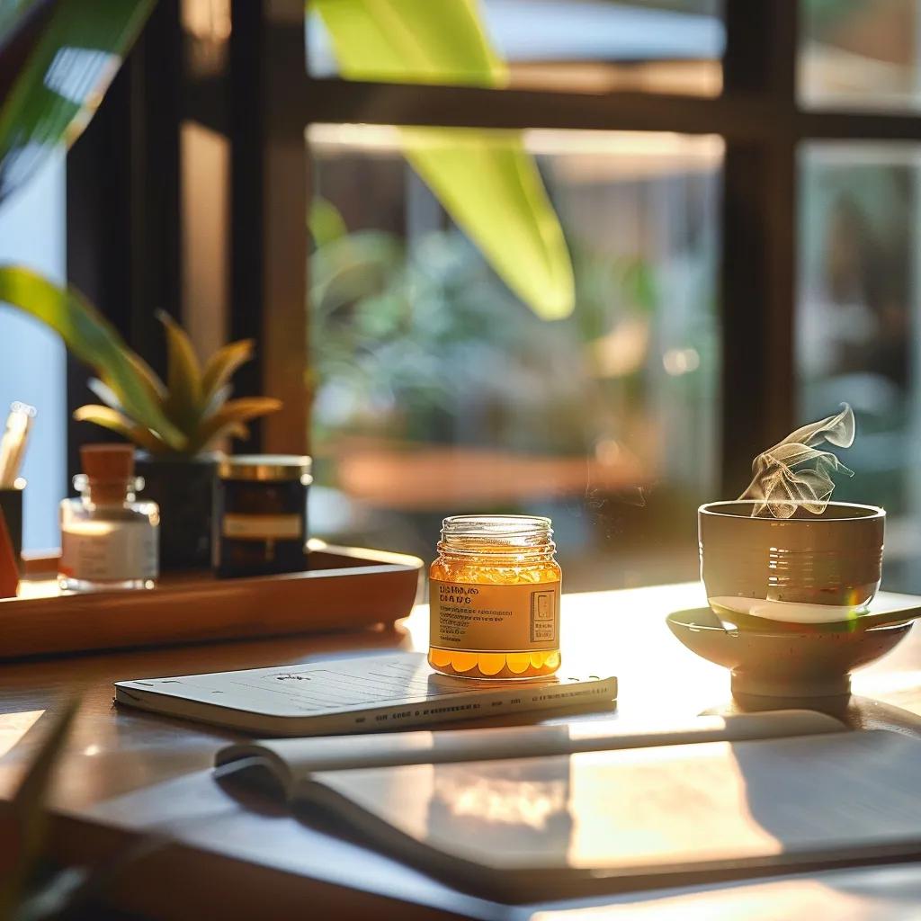 a sleek, modern office desk is elegantly organized with a vibrant jar of life boost cbd gummies prominently displayed, alongside a stylish notebook and a steaming cup of herbal tea, all bathed in warm, inviting light that conveys a sense of wellness and tranquility.
