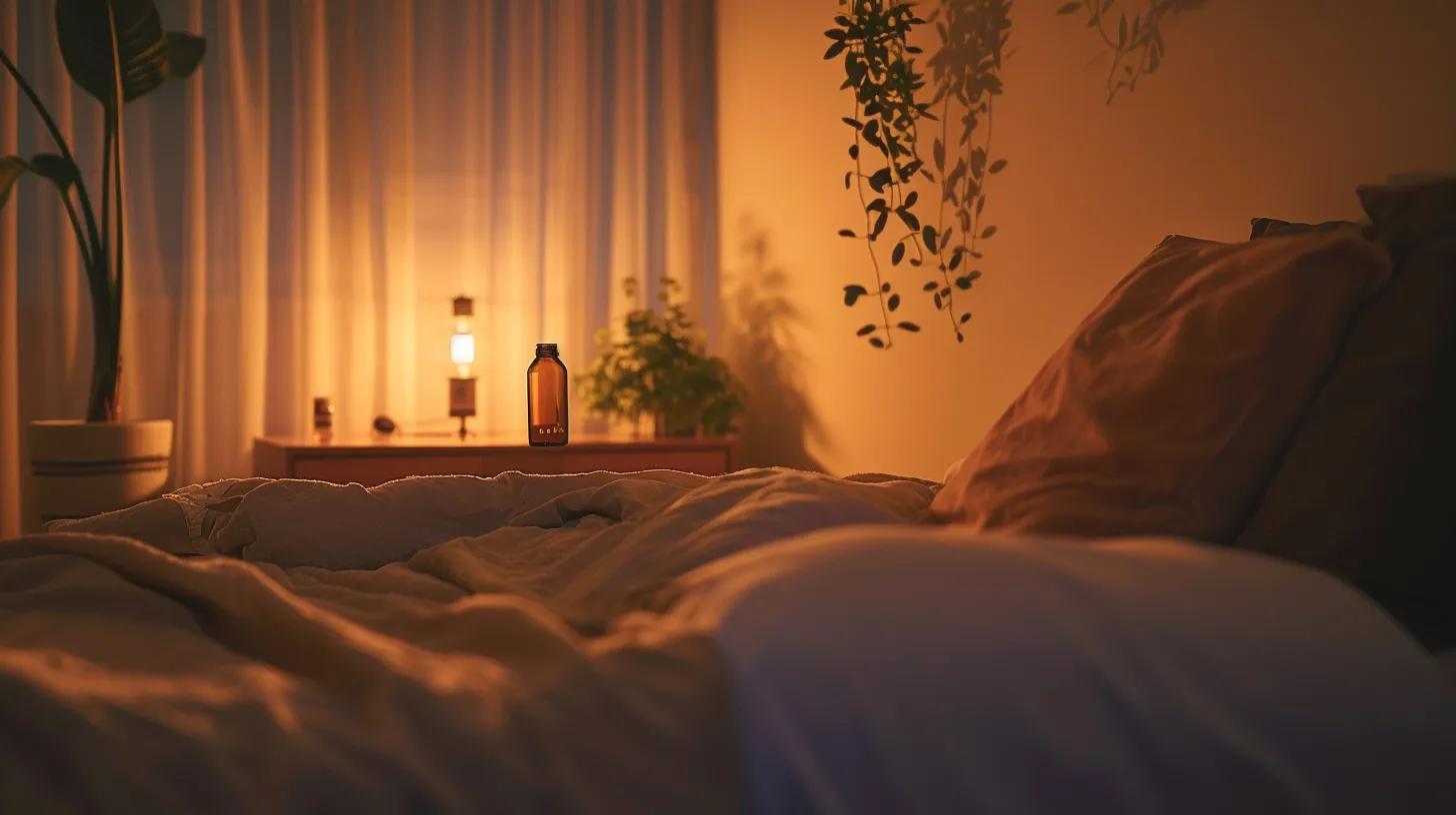 a dimly lit modern bedroom features a serene atmosphere with a neatly made bed, highlighting a sleek cbd oil bottle on the bedside table, symbolizing the link between restful sleep, athletic recovery, and muscle regeneration.