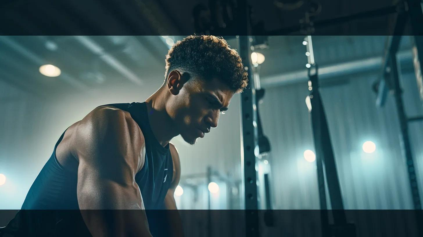 a dynamic indoor sports recovery scene showcases a focused athlete in a modern gym environment, using a sleek cbd product for targeted relief against post-training soreness, illuminated by bright overhead lighting that emphasizes their determined expression.