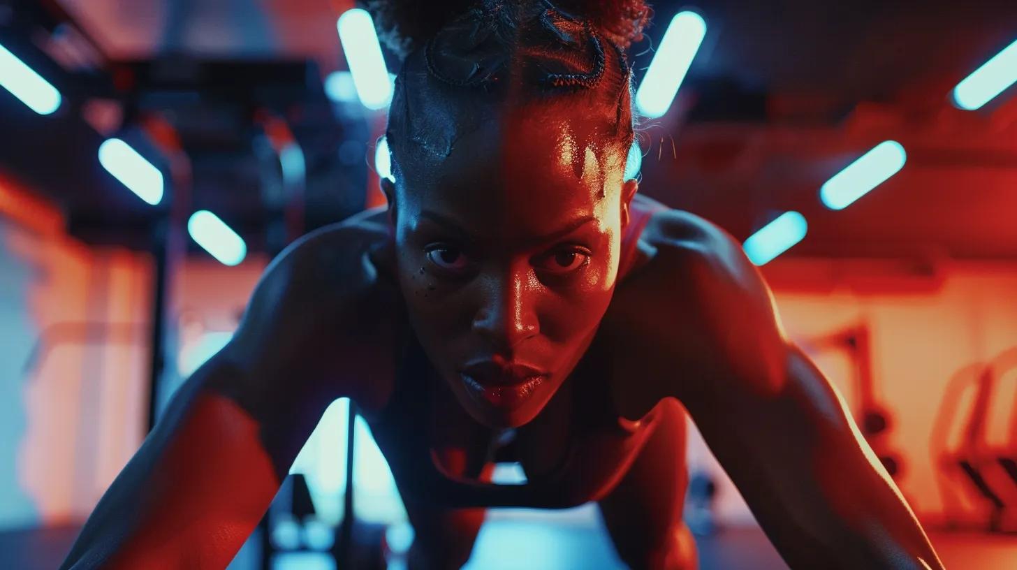 a dynamic, modern gym scene captures an athlete in mid-workout, showcasing a focused expression under bright, artificial lighting, with sleek gym equipment in the background emphasizing the intense pursuit of enhanced stamina and performance through innovative training methods.