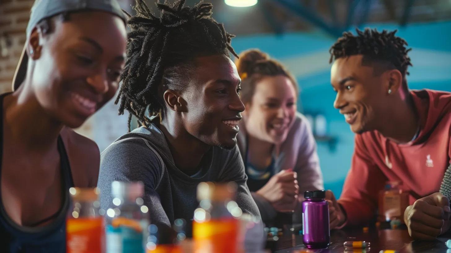 a dynamic urban gym scene showcases a diverse group of athletes energetically engaging in a post-workout recovery session with cbd capsules and gummies prominently displayed on a sleek, modern training table, exuding vitality and focus. a dynamic urban gym scene showcases a diverse group of athletes energetically engaging in a post-workout recovery session with cbd capsules and gummies prominently displayed on a sleek, modern training table, exuding vitality and focus.