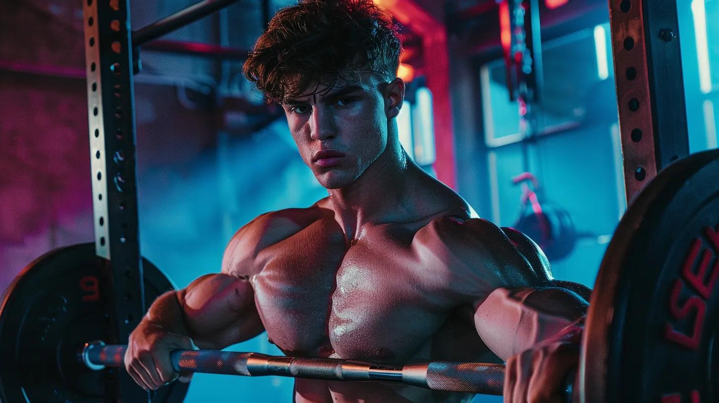 a focused athlete in a modern gym environment implements cbd formulations into their pre-workout routine, surrounded by sleek equipment and dynamic lighting that emphasizes their determined expression and the concept of enhanced performance.