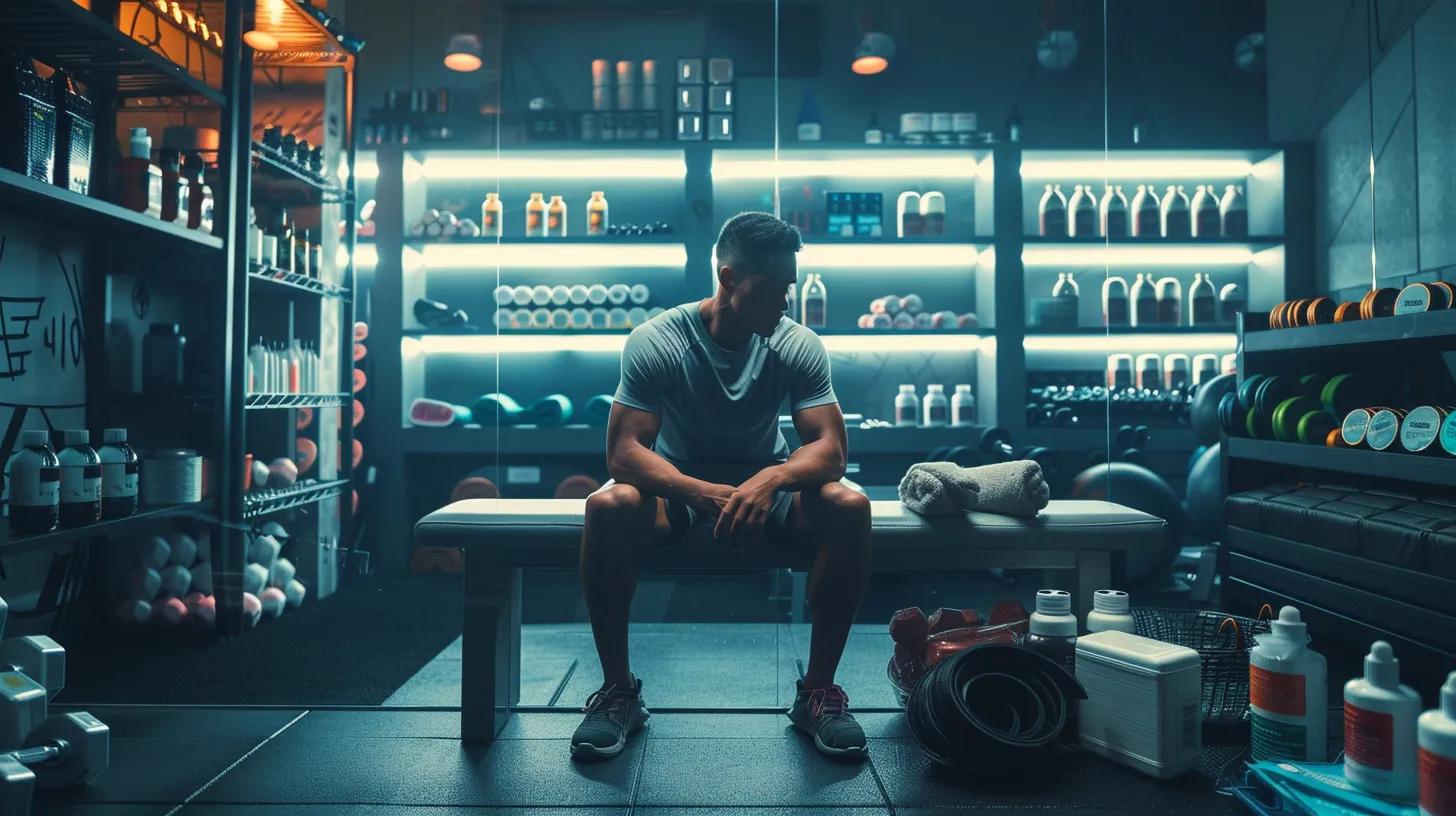 a modern gym environment features an athlete sitting on a bench, surrounded by various cbd products like capsules and tinctures, highlighted by dynamic lighting that emphasizes resilience and recovery immediately after an intense workout. a modern gym environment features an athlete sitting on a bench, surrounded by various cbd products like capsules and tinctures, highlighted by dynamic lighting that emphasizes resilience and recovery immediately after an intense workout.