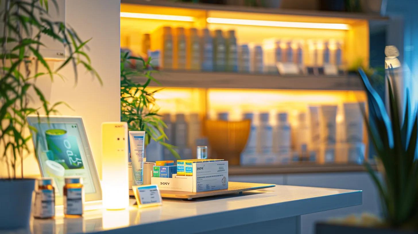 a modern office setting features a sleek desk with a well-organized display of cbd product samples and professional literature, emphasizing the legal and safety considerations of using cbd for stress relief, illuminated by soft, focused lighting to create a calm and informative atmosphere.