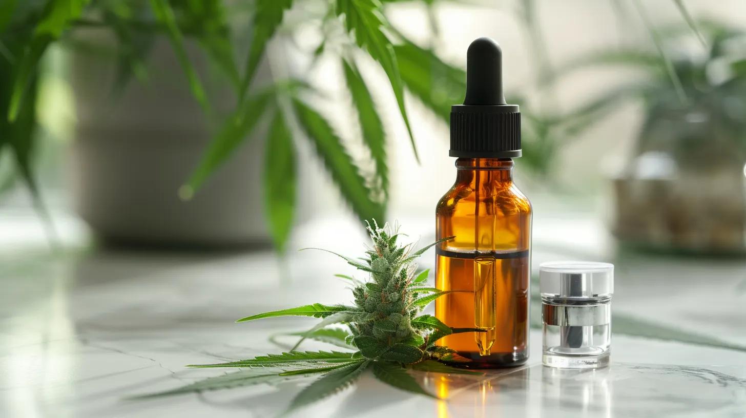 a modern, serene office environment featuring a thoughtfully arranged workspace with calming decor and a sleek cbd product prominently displayed, symbolizing the therapeutic benefits of cbd for alleviating stress and enhancing well-being.