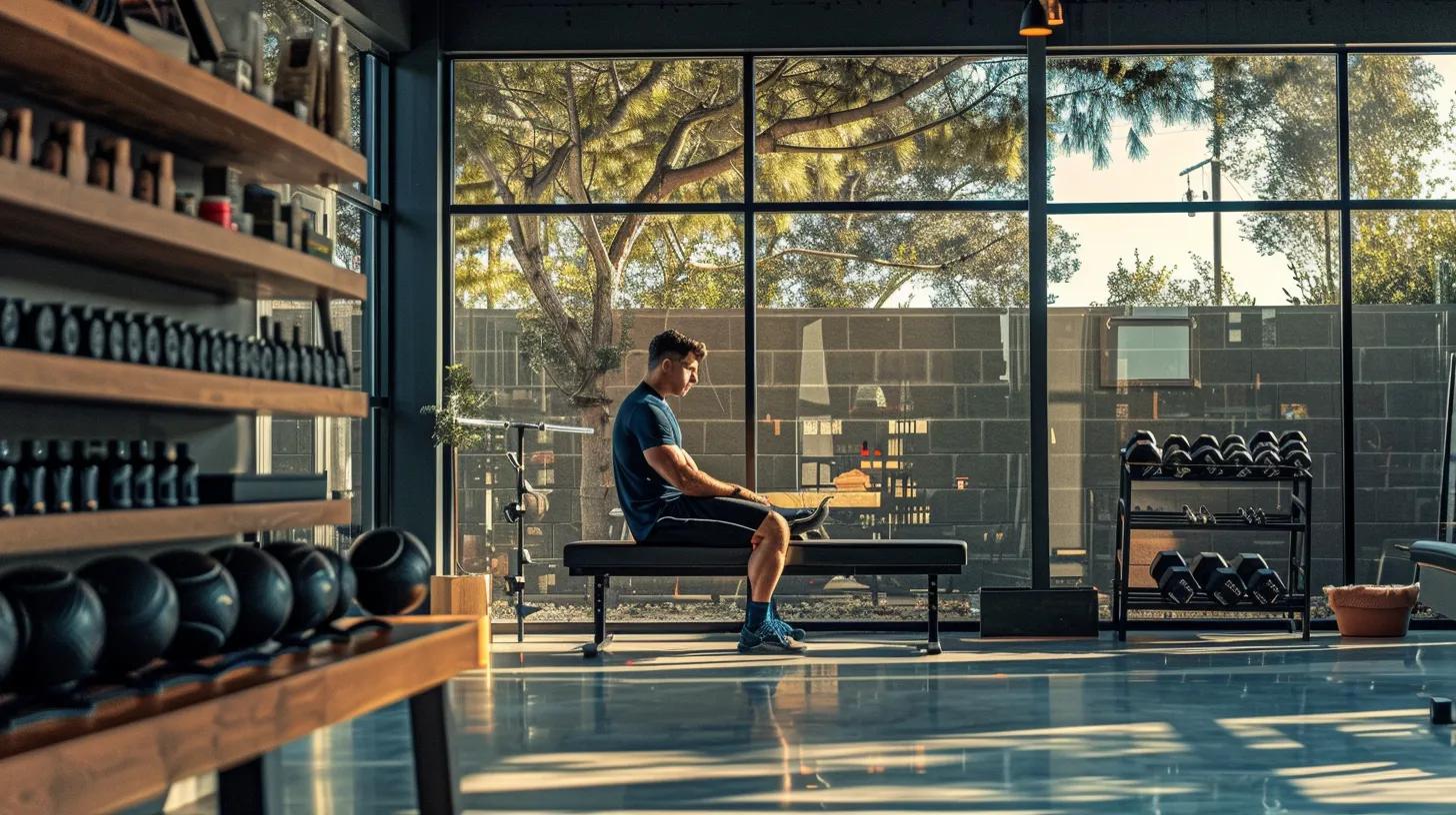 a modern, sleek gym interior features an athlete sitting on a bench, surrounded by workout gear, while a prominent display of cbd oil and supplements rests on a polished table, highlighting the synergy between post-workout recovery and optimal performance enhancement.