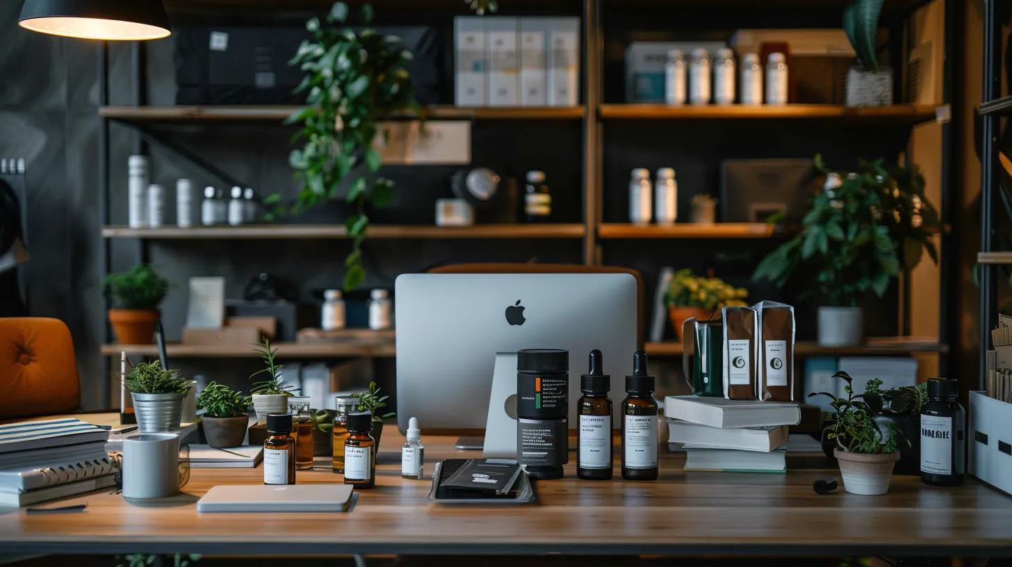 a modern, sleek office space showcases a well-organized desk with prominently displayed cbd products, complete with clear dosage labels and an open laptop displaying research articles on safe usage and dosage guidelines for recovery, all illuminated by soft, focused lighting to convey a professional and informative atmosphere. a modern, sleek office space showcases a well-organized desk with prominently displayed cbd products, complete with clear dosage labels and an open laptop displaying research articles on safe usage and dosage guidelines for recovery, all illuminated by soft, focused lighting to convey a professional and informative atmosphere.