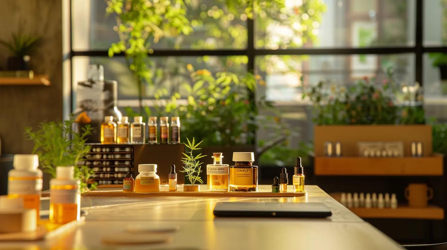 a modern urban office setting showcases a sleek table adorned with various sophisticated cbd product forms, including sublingual oils, gummies, and infused beverages, all arranged under warm, inviting lighting to convey a sense of calm and effective stress relief.
