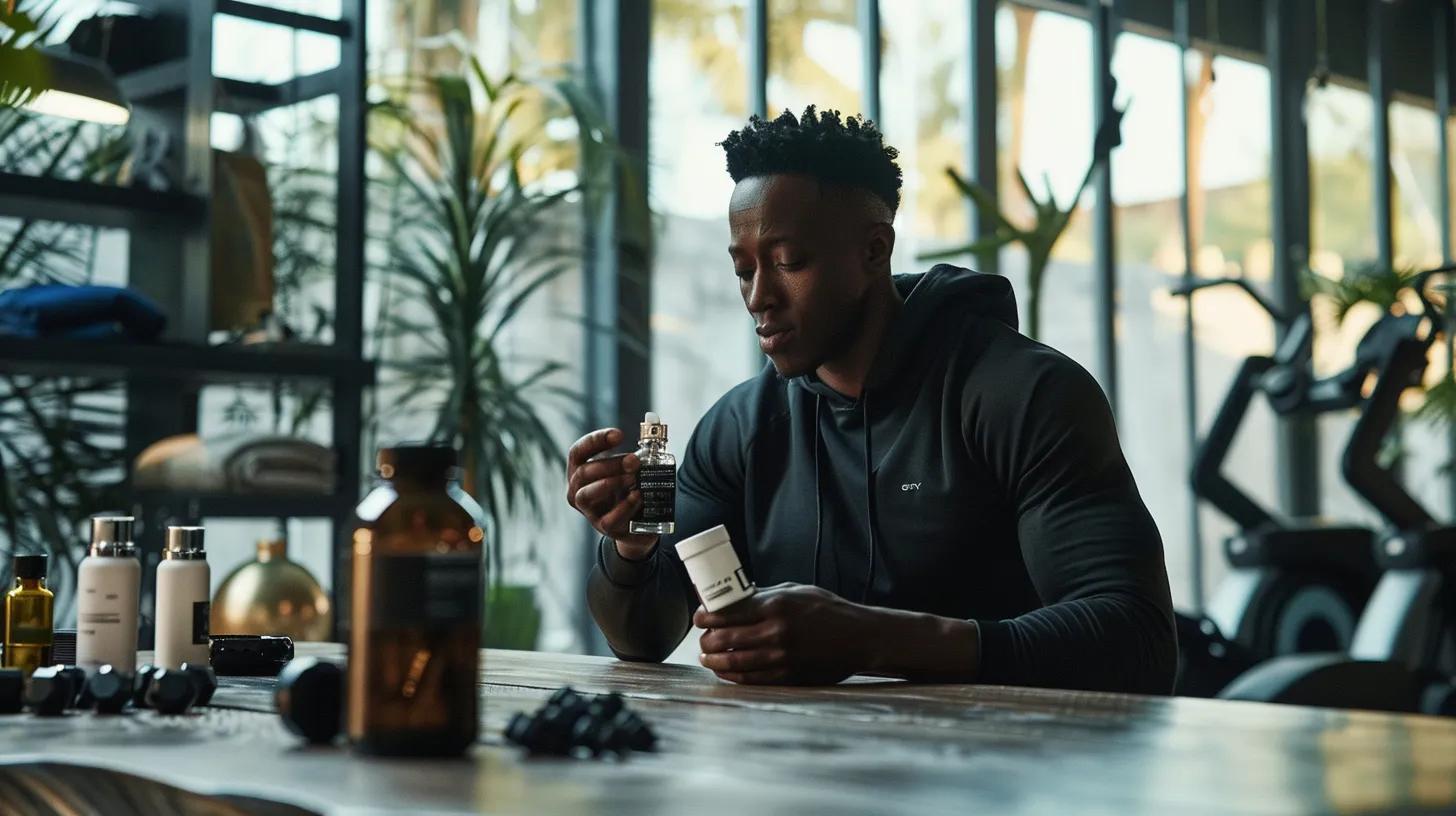 a professional athlete in a sleek, modern gym setting is visibly relaxed and focused while incorporating a stylish cbd tincture into their post-workout recovery routine, surrounded by high-tech fitness equipment and wellness products, emphasizing the integration of alternative recovery methods in the sports industry. a professional athlete in a sleek, modern gym setting is visibly relaxed and focused while incorporating a stylish cbd tincture into their post-workout recovery routine, surrounded by high-tech fitness equipment and wellness products, emphasizing the integration of alternative recovery methods in the sports industry.