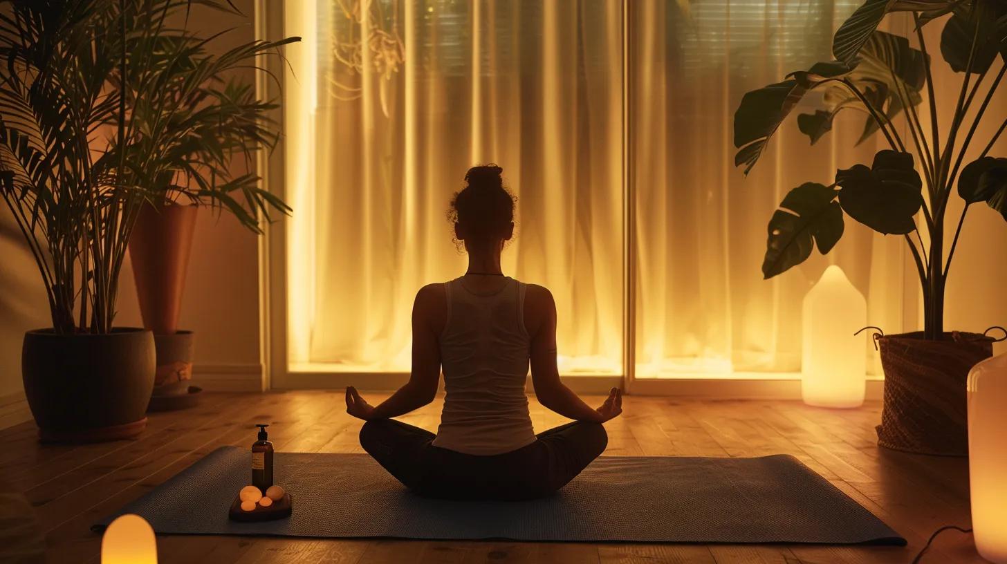 a serene indoor wellness space features a meditative figure practicing yoga on a mat, illuminated by soft, calming light, with a bottle of cbd oil and essential oils nearby, emphasizing a harmonious blend of mindfulness and self-care practices.