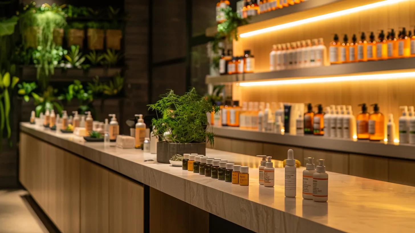 a sleek modern fitness studio features an array of cbd recovery products displayed elegantly on a polished counter, illuminated by warm, ambient lighting that enhances the professional atmosphere of post-workout recovery.