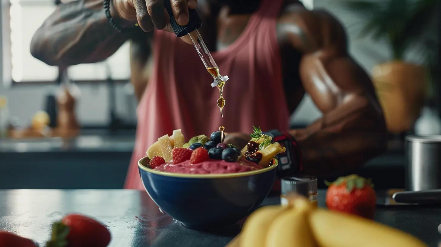 a sleek, modern gym environment showcases a muscular individual confidently using a glass dropper to dispense cbd oil into a vibrant smoothie bowl, surrounded by fitness gear and hydration essentials, emphasizing a post-workout recovery routine. a sleek, modern gym environment showcases a muscular individual confidently using a glass dropper to dispense cbd oil into a vibrant smoothie bowl, surrounded by fitness gear and hydration essentials, emphasizing a post-workout recovery routine.