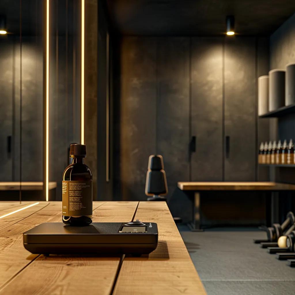 a sleek, modern gym locker room features a high-tech scale and fitness equipment, complemented by a stylish bottle of cbd oil resting on a wooden bench, emphasizing post-workout recovery and muscle repair.