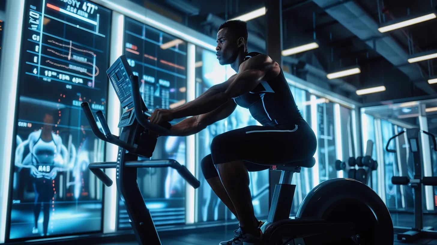 a sleek, modern gym setting showcases a determined athlete using a high-tech recovery device, surrounded by digital displays illustrating the benefits of cbd in enhancing muscle recovery after intense workouts.