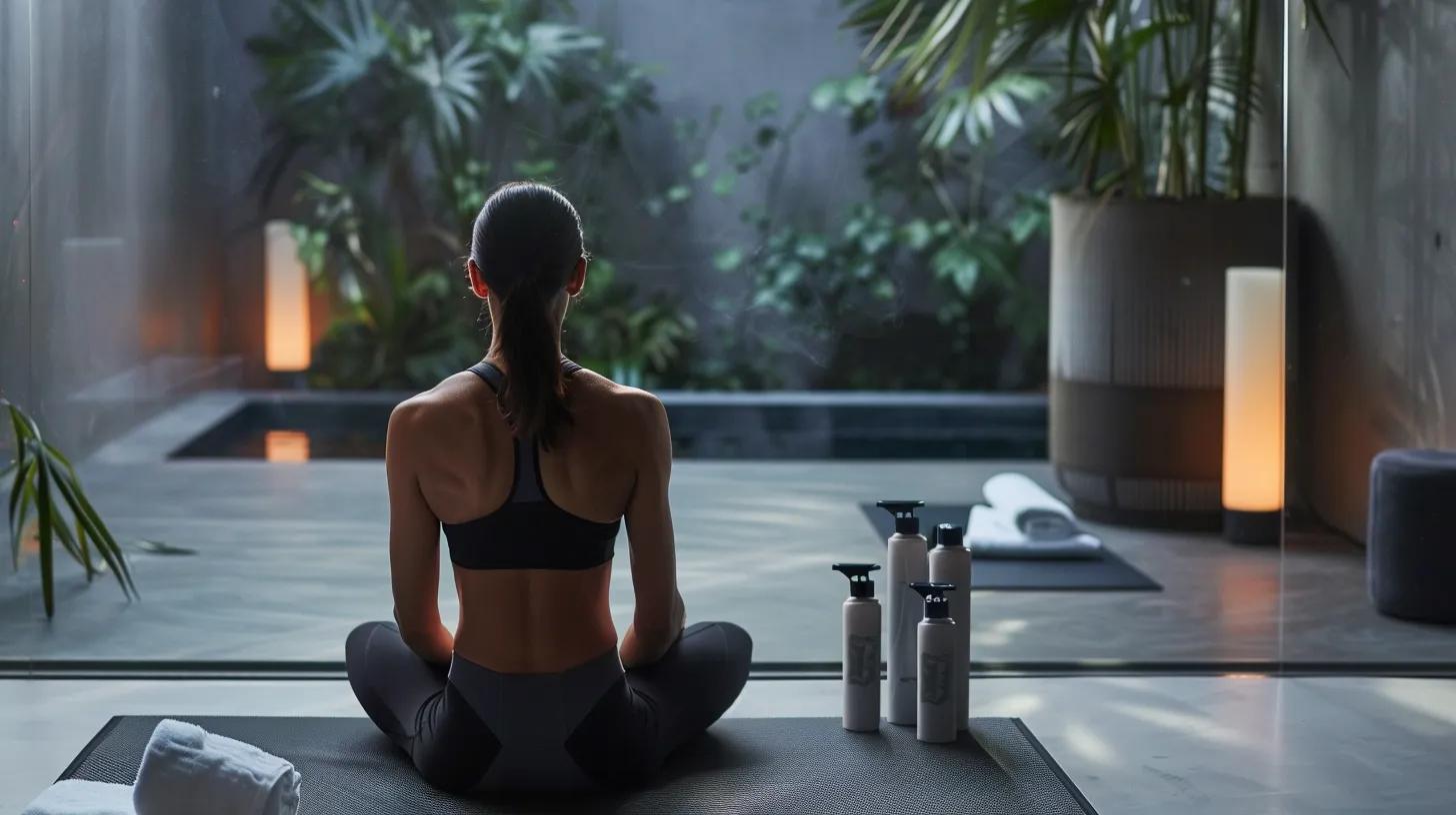 a sleek, modern gym setting showcases an athlete seated on a mat, surrounded by minimalist recovery tools and infused cbd products, conveying a sense of focused rejuvenation after an intense workout.