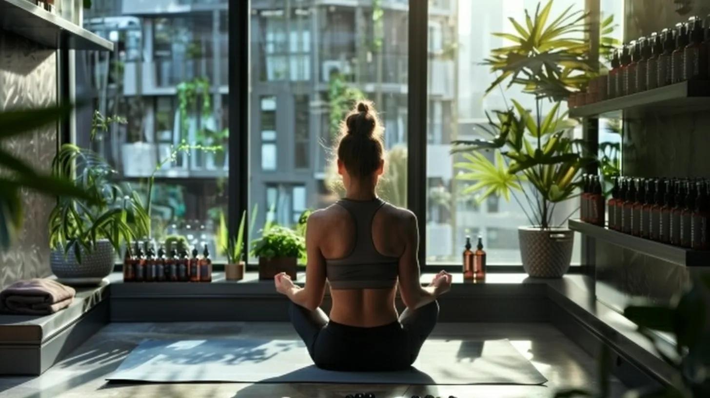 a sleek, modern gym setting showcases a fit individual sitting on a yoga mat, surrounded by various cbd products like tinctures and topical creams, as they prepare to apply cbd for post-workout recovery, emphasizing a focused, systematic approach to wellness. a sleek, modern gym setting showcases a fit individual sitting on a yoga mat, surrounded by various cbd products like tinctures and topical creams, as they prepare to apply cbd for post-workout recovery, emphasizing a focused, systematic approach to wellness.