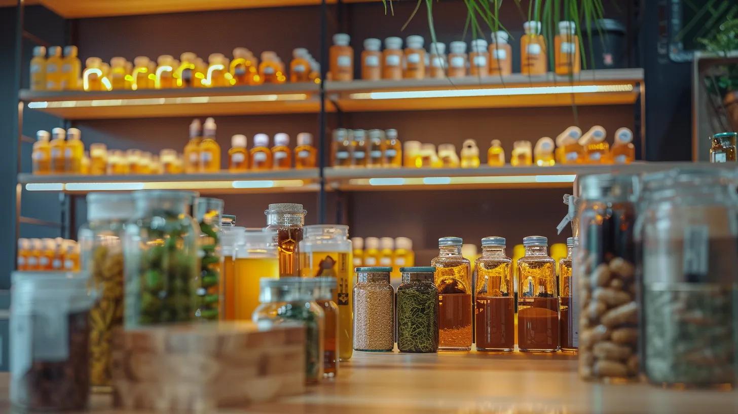 a sleek, modern office environment features a striking display of high-quality cbd products artfully arranged alongside vibrant jars of turmeric, ginger, and omega-3 capsules, emphasizing their synergistic benefits for recovery and wellness. a sleek, modern office environment features a striking display of high-quality cbd products artfully arranged alongside vibrant jars of turmeric, ginger, and omega-3 capsules, emphasizing their synergistic benefits for recovery and wellness.