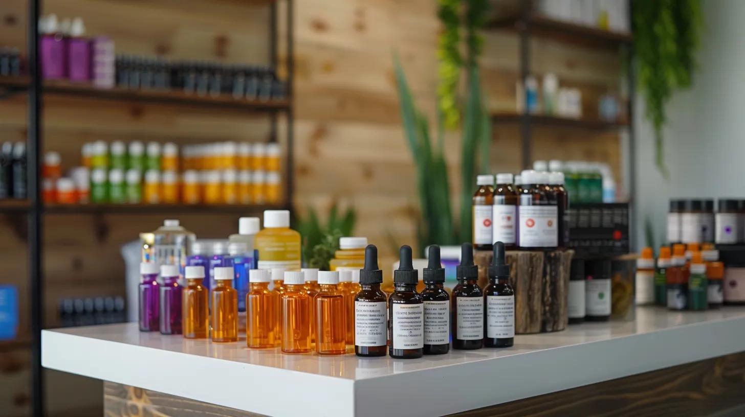 a sleek, modern office space features an elegantly arranged display of various high-quality cbd products, including oils, gummies, and capsules, with bright, informative labeling and third-party lab reports prominently showcased, all under crisp, focused lighting that highlights their premium characteristics for stress relief.