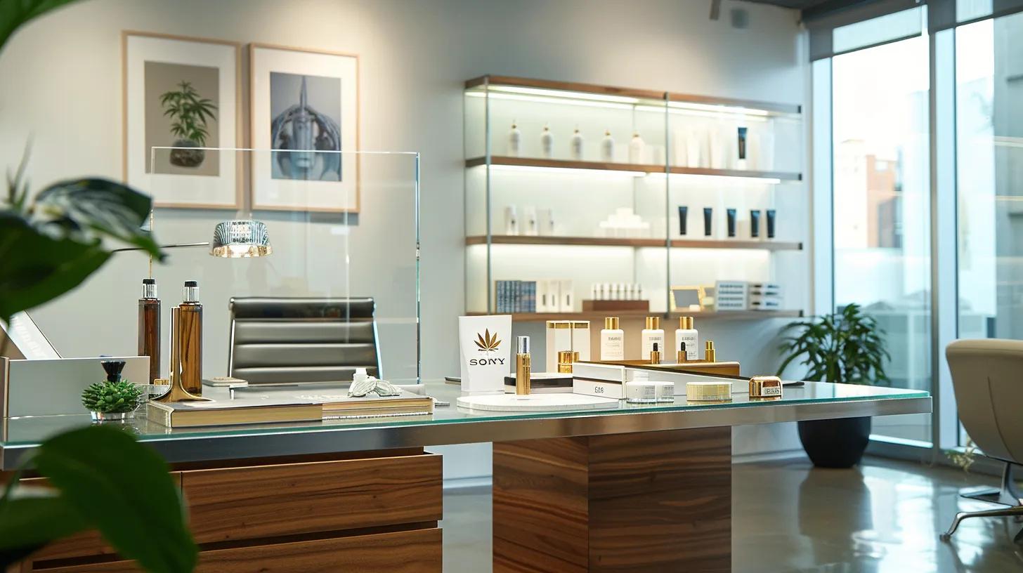 a sleek, modern office space features a serene atmosphere, with a stylish glass desk displaying various cbd products, emphasizing the theme of natural stress relief through innovative self-care solutions.