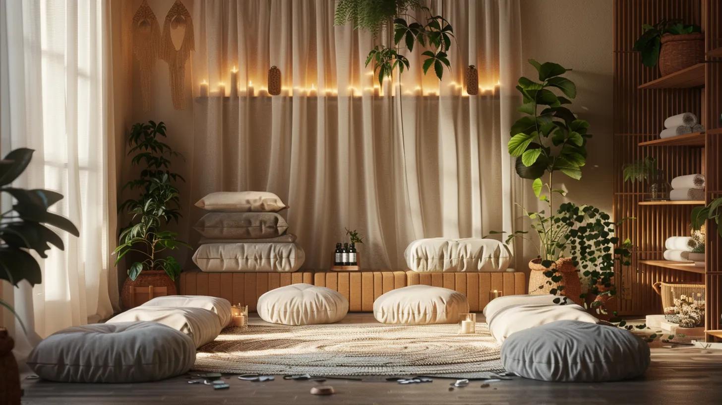 a sophisticated urban wellness studio, featuring a cozy meditation corner with soft cushions, a backdrop of calming decor, and a centrally placed bottle of cbd oil, emphasizes the integration of cbd into daily stress reduction routines.