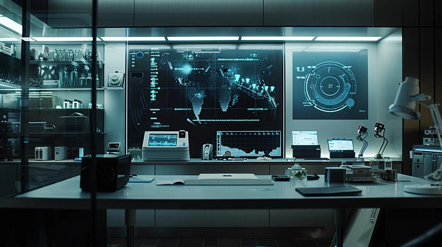 a well-organized modern office space features a sleek desk with a high-tech scale and measuring tools, surrounded by detailed charts on cbd dosage guidelines aimed at optimizing athletic recovery.
