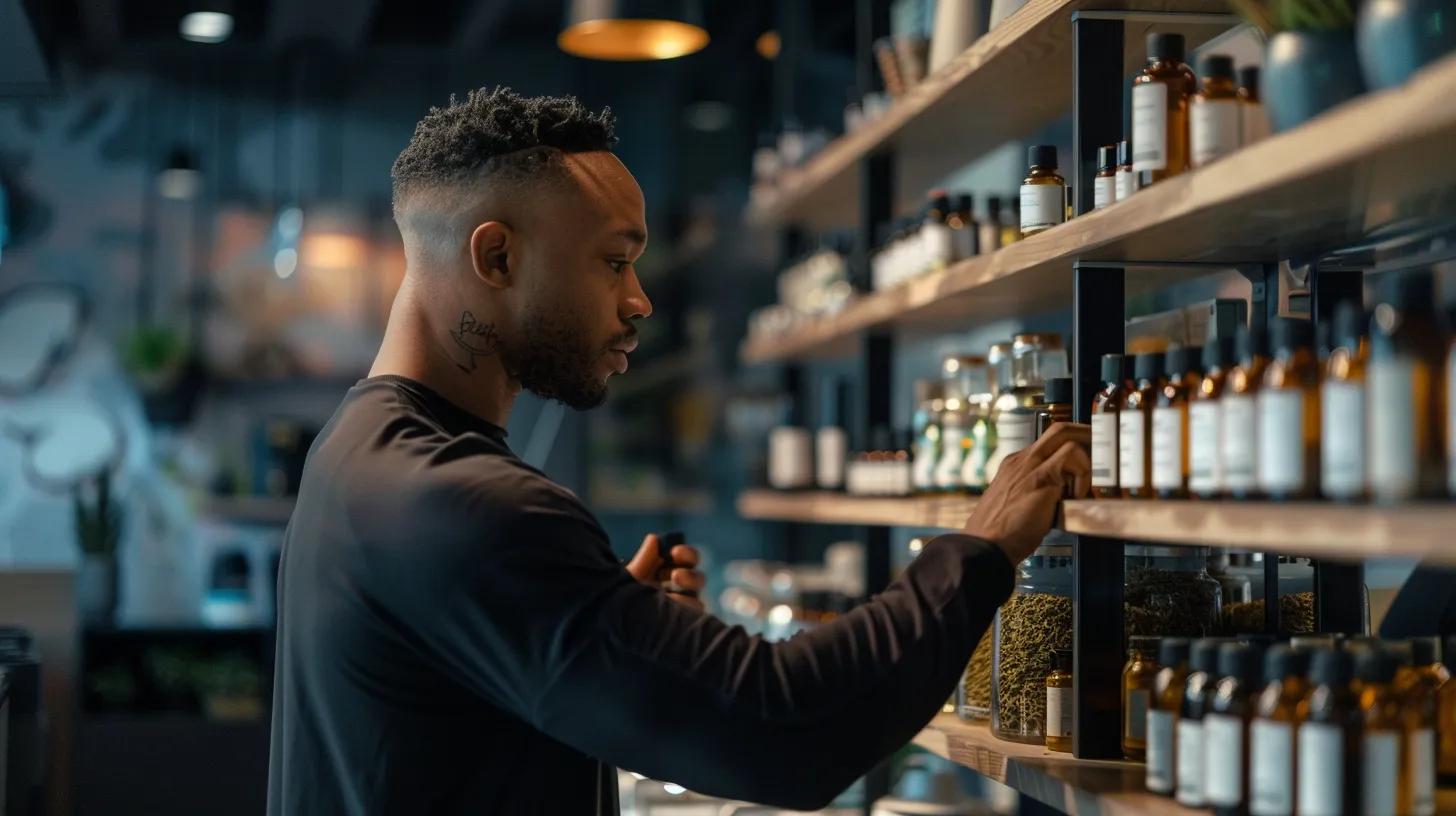 an athlete in a modern urban gym confidently examines a selection of premium cbd products displayed on a sleek, minimalist countertop, illuminated by focused overhead lighting, emphasizing the importance of product quality for effective muscle recovery.