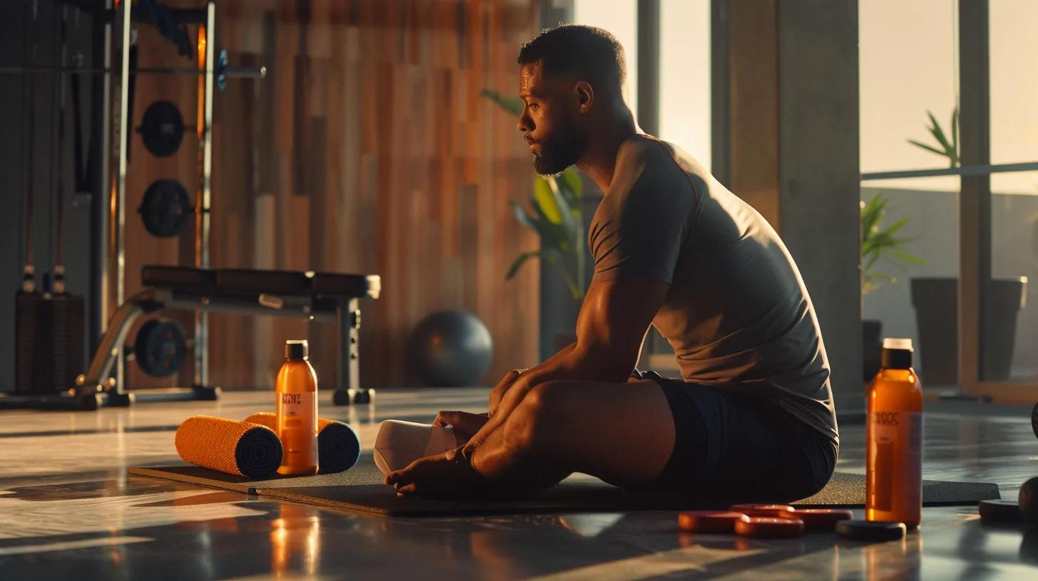 an athletic individual in a sleek, modern gym setting engages in a post-workout recovery session, surrounded by cbd oil bottles and recovery tools like foam rollers and hydration packs, illustrating a dynamic integration of advanced recovery techniques.