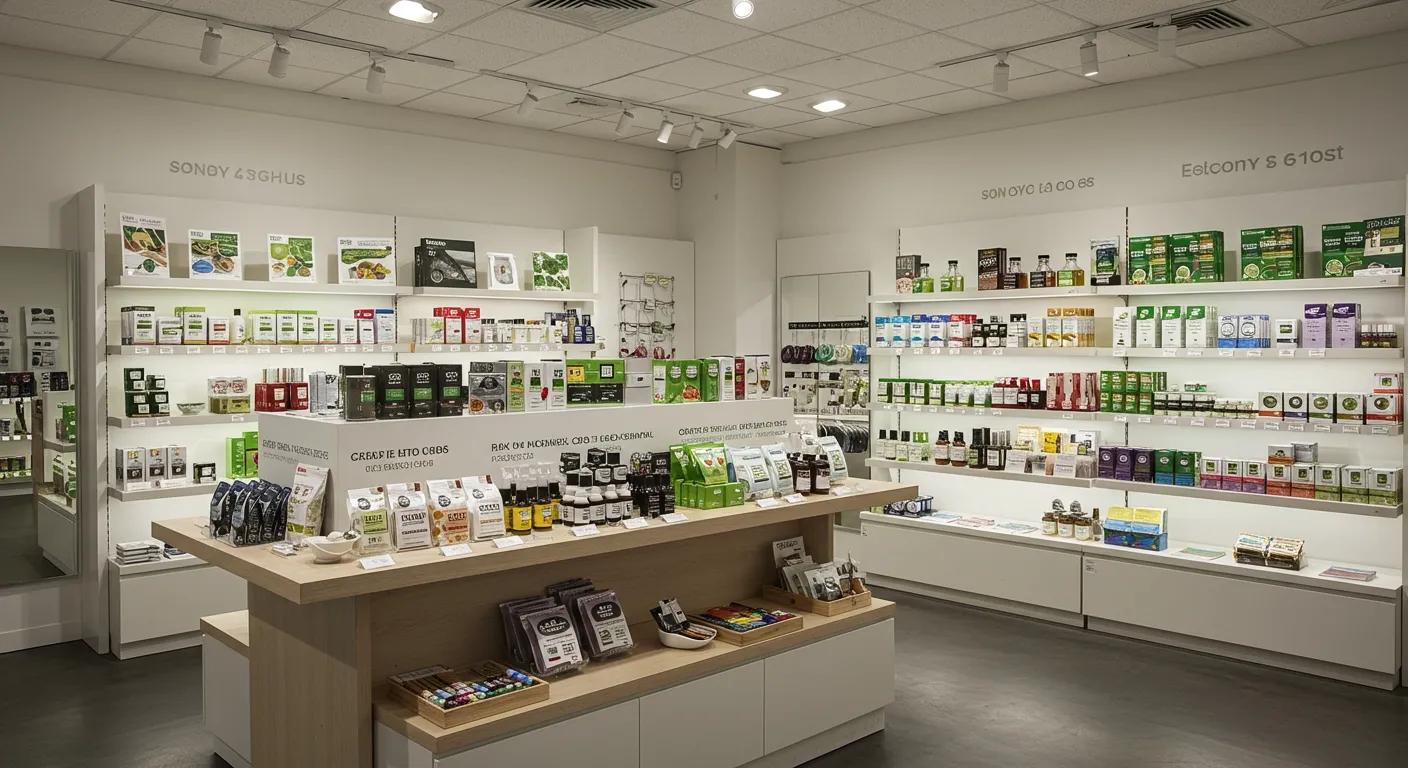 a sleek, modern wellness store interior showcases an inviting display of stylish inhalable and traditional cbd products, with a focus on elegant packaging and informative labels highlighting their stress-relief benefits.