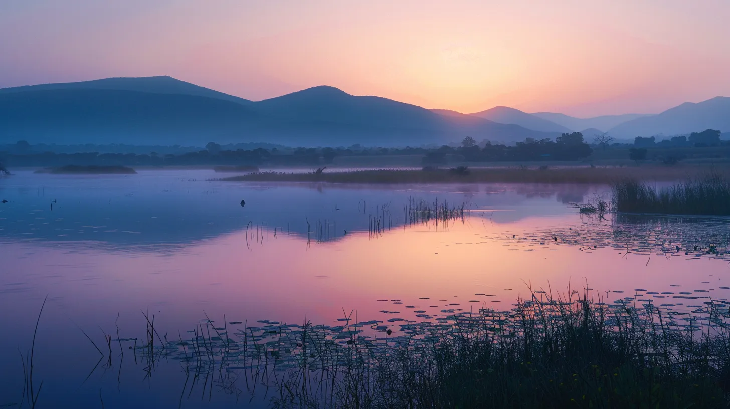 a breathtaking sunrise illuminates a tranquil mist-covered lake, reflecting vibrant hues of orange and pink while towering mountains stand majestically in the background. a breathtaking sunrise illuminates a tranquil mist-covered lake, reflecting vibrant hues of orange and pink while towering mountains stand majestically in the background.