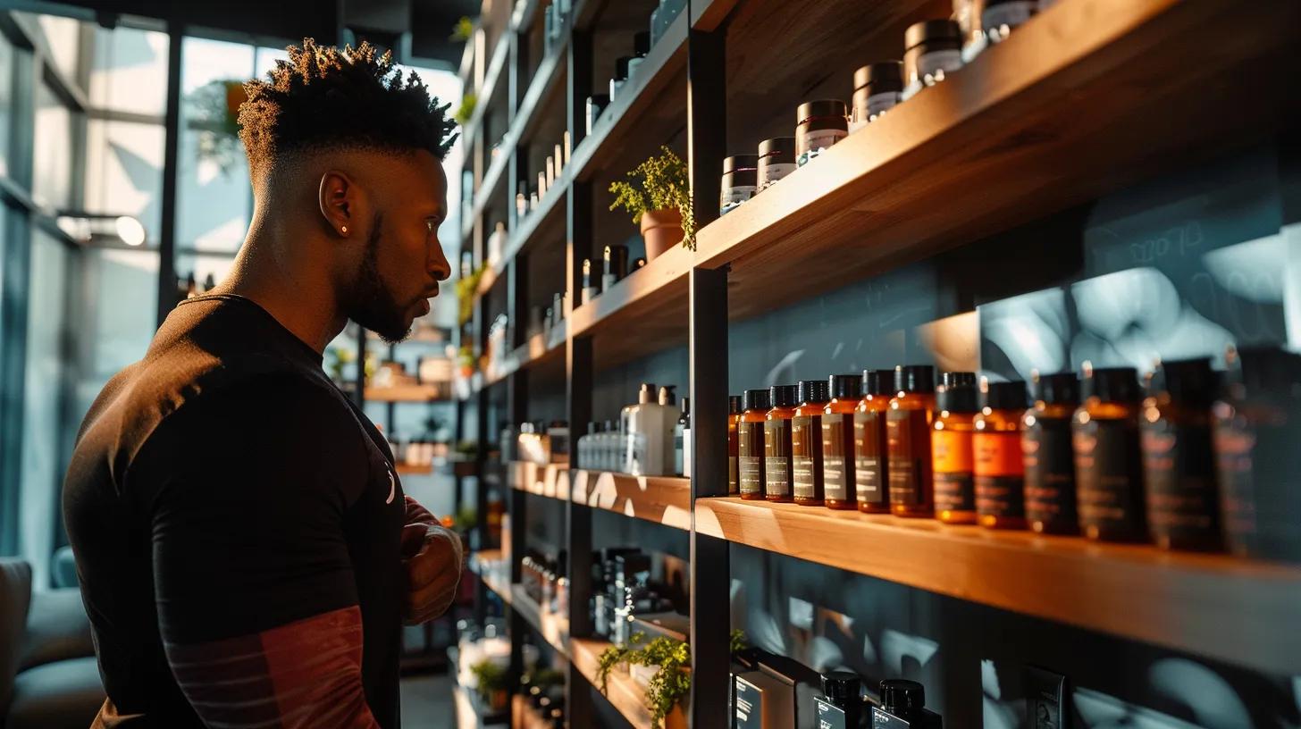 a dynamic athlete in a sleek, modern gym setting examines an array of innovative cbd products displayed on a stylish wooden shelf, illuminated by focused studio lighting that highlights the high-tech packaging and the athlete's determined expression.