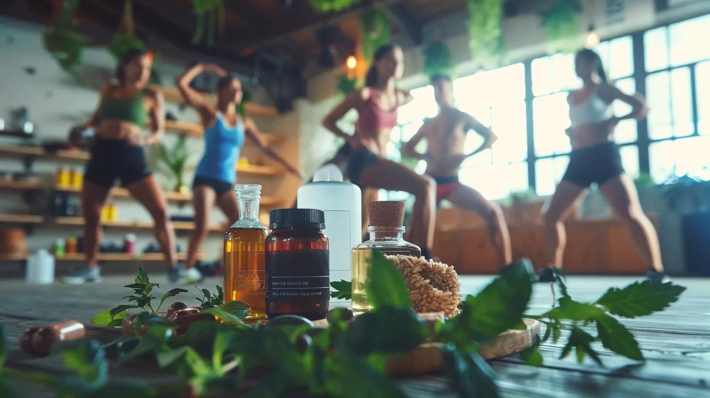 a dynamic indoor scene showcases a group of athletes engaged in a high-energy training session, surrounded by an array of natural supplements like cbd oil, ashwagandha, and turmeric, symbolizing their focus on holistic recovery and peak performance.