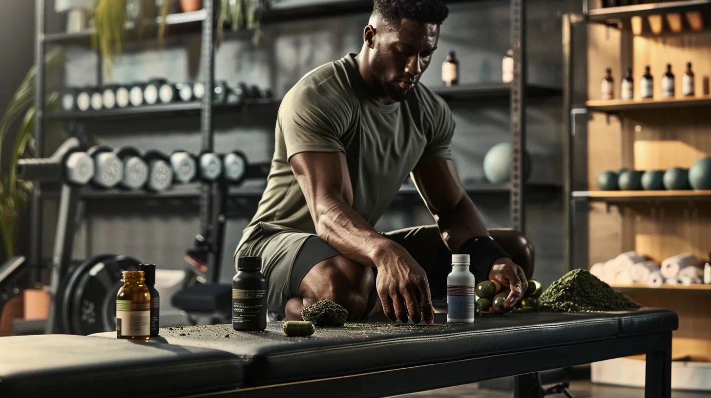 a dynamic indoor scene showcasing an athlete in training, surrounded by various cbd products like topicals, tinctures, and capsules strategically placed on a sleek, modern gym bench, illuminated by focused studio lighting to enhance the products' textures and details.