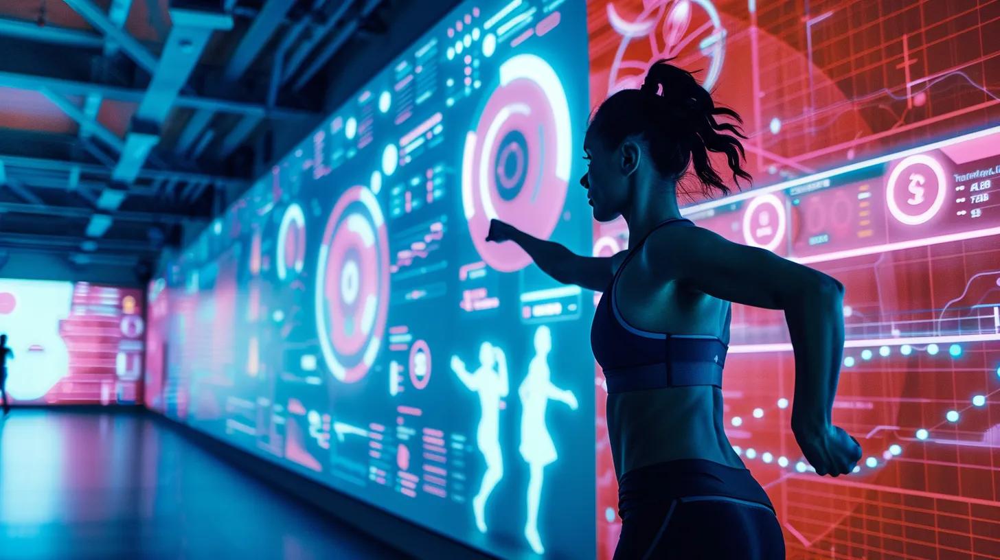 a dynamic indoor training facility showcases a focused athlete using advanced fitness technology, surrounded by vibrant infographics on the benefits of cbd for enhancing performance and recovery.