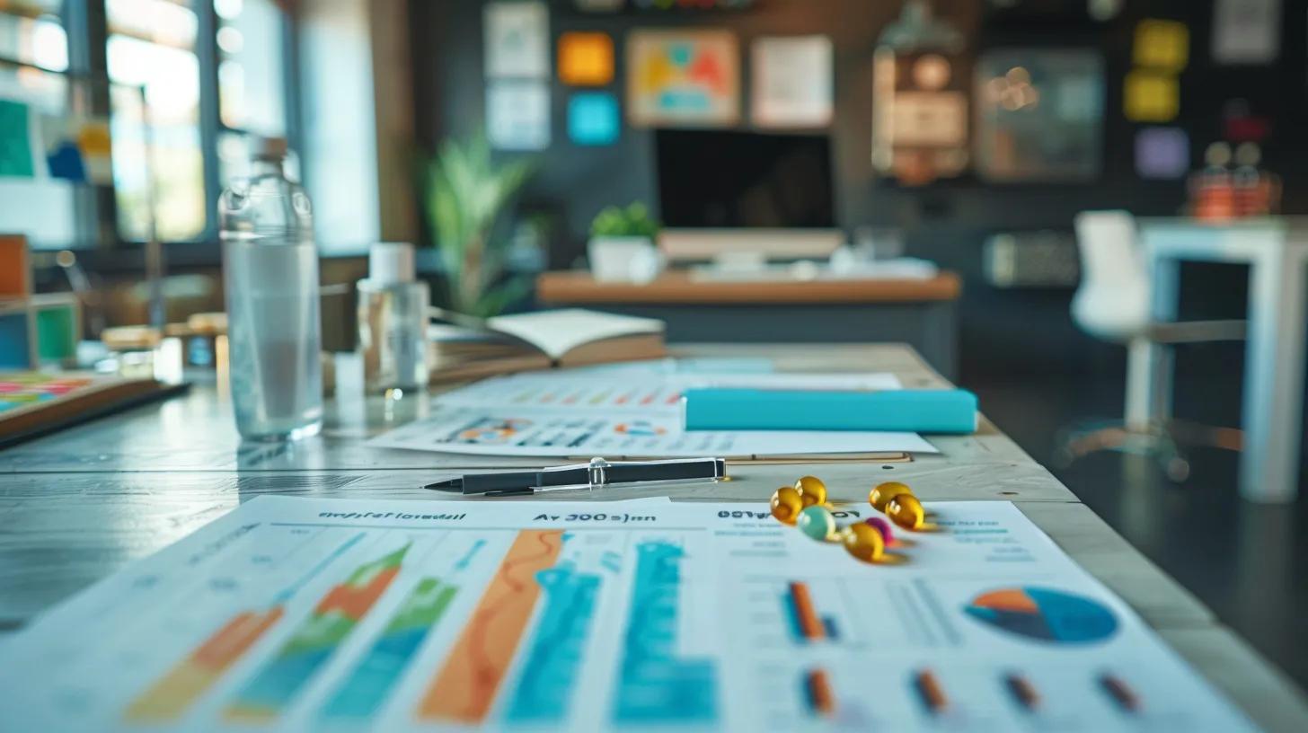 a dynamic, modern office workspace featuring a sleek table with vibrant cbd product samples—gummies, oils, topicals, and capsules—strategically arranged alongside informative charts and data visuals, emphasizing the benefits of each product for athletes.
