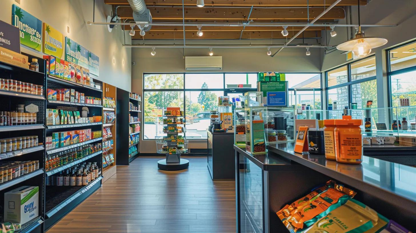 a modern office workspace features a sleek arrangement of cbd gummy products alongside otc medications, illuminated by bright overhead lighting, emphasizing vibrant labels and professional safety certification badges in a clean and organized environment.