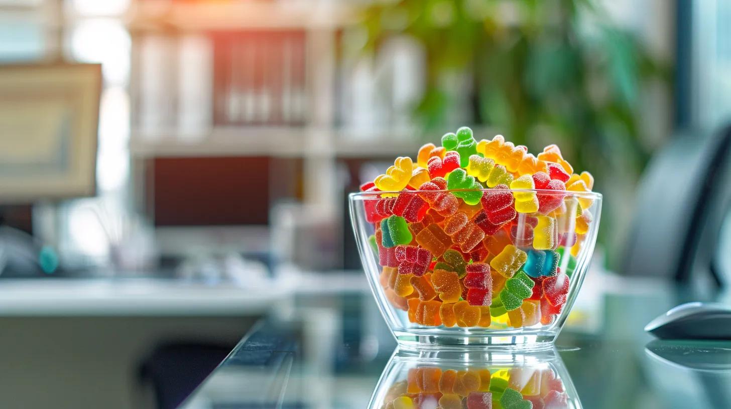 a modern, sleek office setting showcases a close-up of colorful organic cbd gummies elegantly arranged on a glass desk, emphasizing their role in promoting muscle recovery and pain relief in a vibrant and health-conscious work environment.