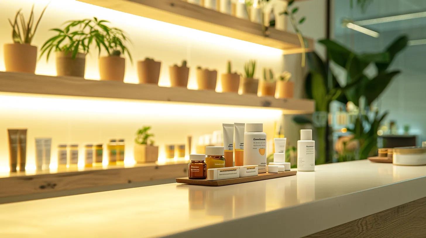 a modern, sleek wellness studio featuring a stylish display of various cbd products, including vibrant topical creams and enticing gummies, all arranged on a polished counter amidst softly glowing ambient lighting to convey a sense of purity and quality.