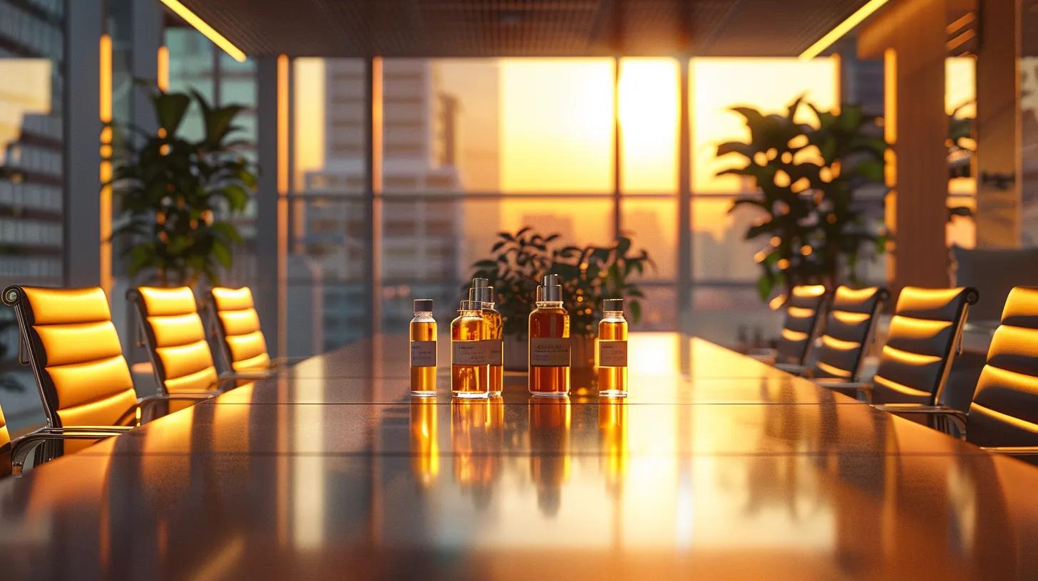a modern urban office workspace features a sleek conference table adorned with bottles of cbd gummies and otc stress relief products, contrasting vibrant packaging against minimalist decor, symbolizing the consumer choice between natural long-term wellness and instant stress relief.