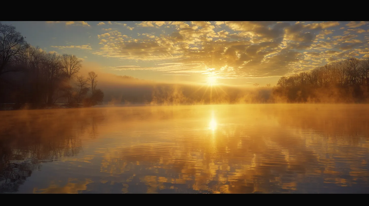 a radiant sunrise casts golden hues over a serene lake, with mist rising softly from the water's surface, creating an ethereal atmosphere of tranquility and new beginnings. a radiant sunrise casts golden hues over a serene lake, with mist rising softly from the water's surface, creating an ethereal atmosphere of tranquility and new beginnings.