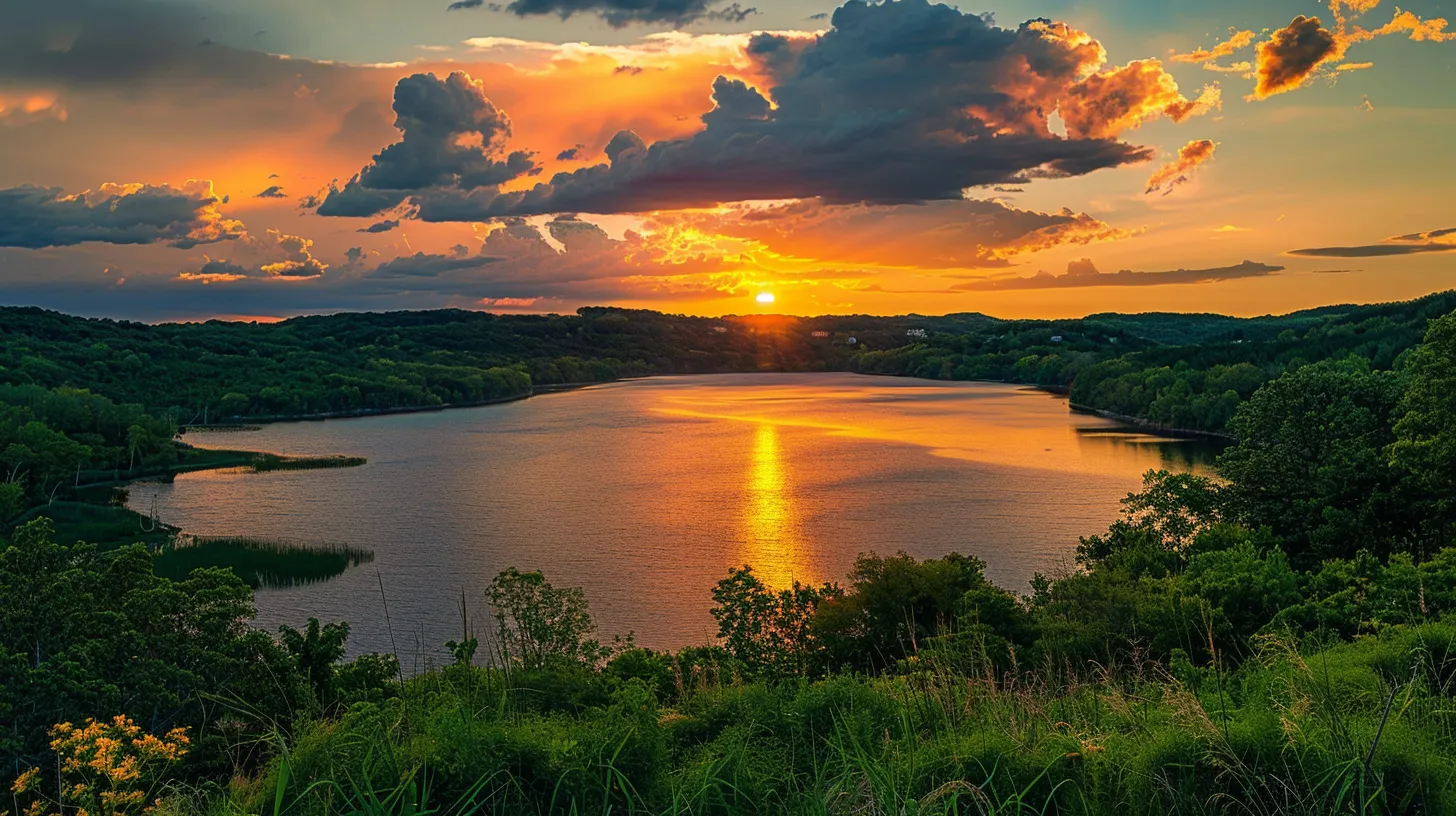 a serene landscape featuring a vibrant sunset casting golden hues over a tranquil lake, surrounded by lush green trees under a dramatic, cloud-streaked sky. a serene landscape featuring a vibrant sunset casting golden hues over a tranquil lake, surrounded by lush green trees under a dramatic, cloud-streaked sky.