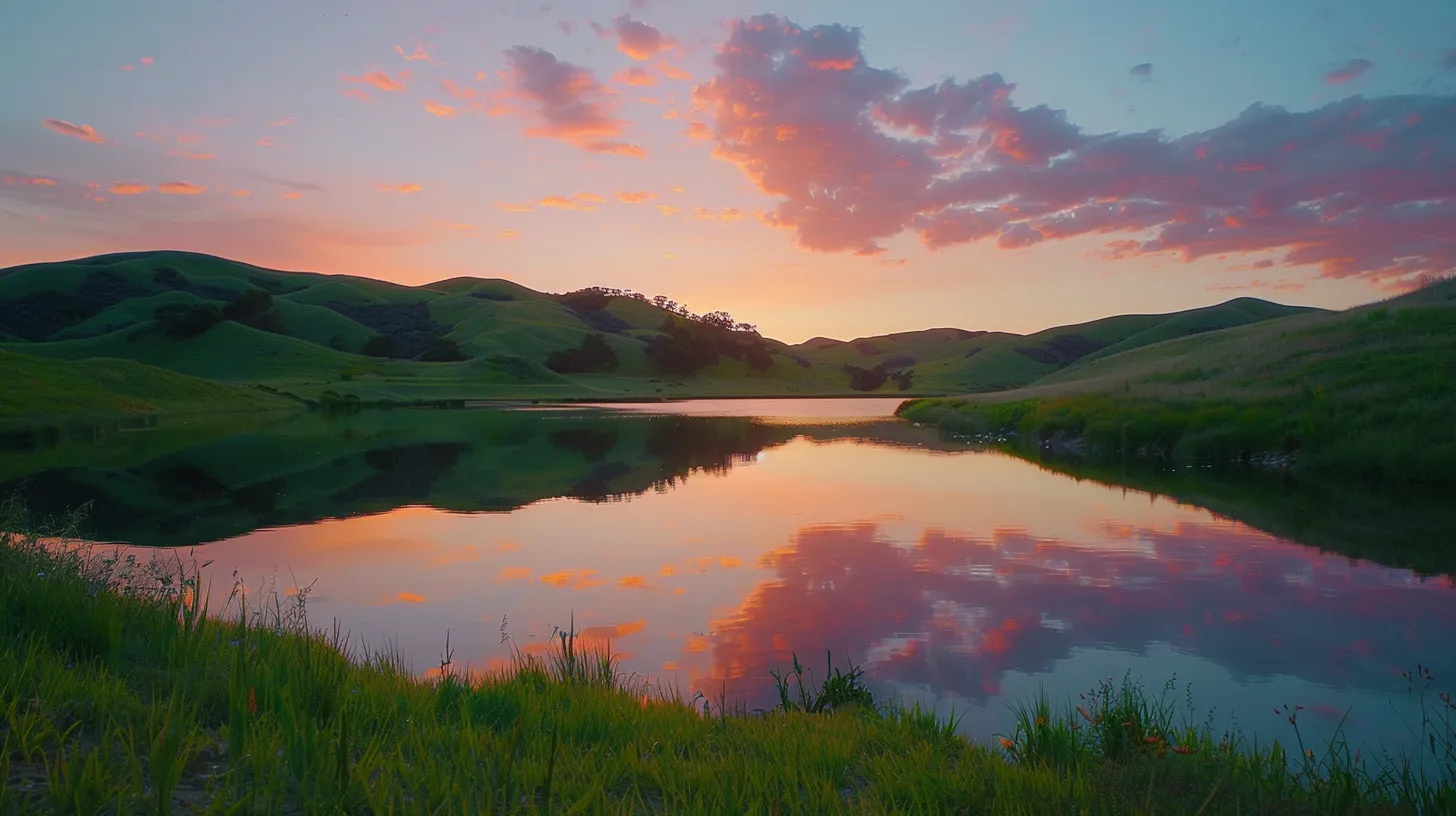 a serene twilight landscape features a tranquil lake reflecting the vibrant hues of a sunset, framed by lush green hills and a sky filled with fluffy, golden clouds. a serene twilight landscape features a tranquil lake reflecting the vibrant hues of a sunset, framed by lush green hills and a sky filled with fluffy, golden clouds.