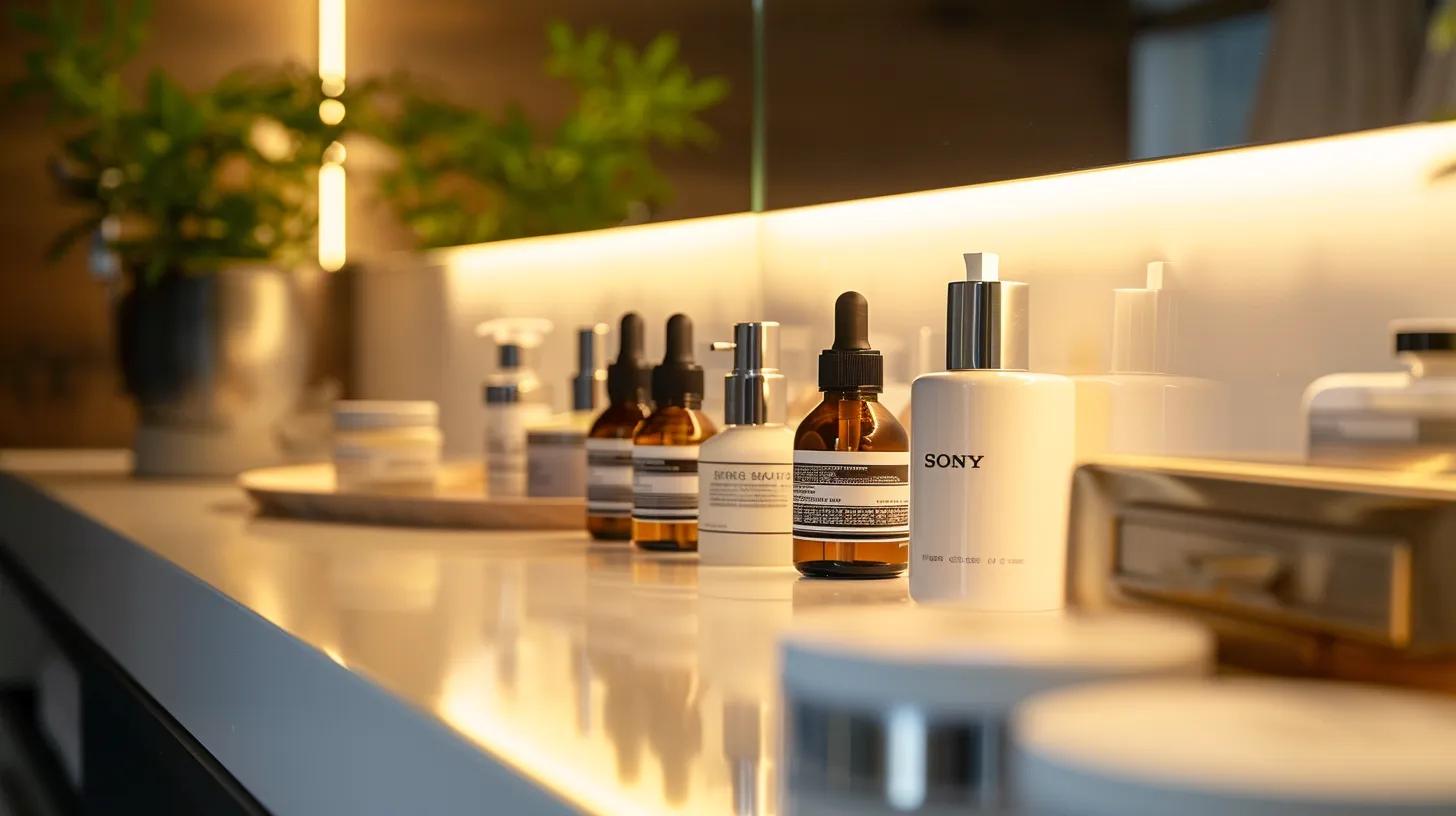 a sleek, modern bathroom countertop displays a lineup of luxurious cbd-infused skincare products, illuminated by soft, ambient lighting that highlights their elegant packaging, conveying a sense of sophistication and functionality for fitness enthusiasts.