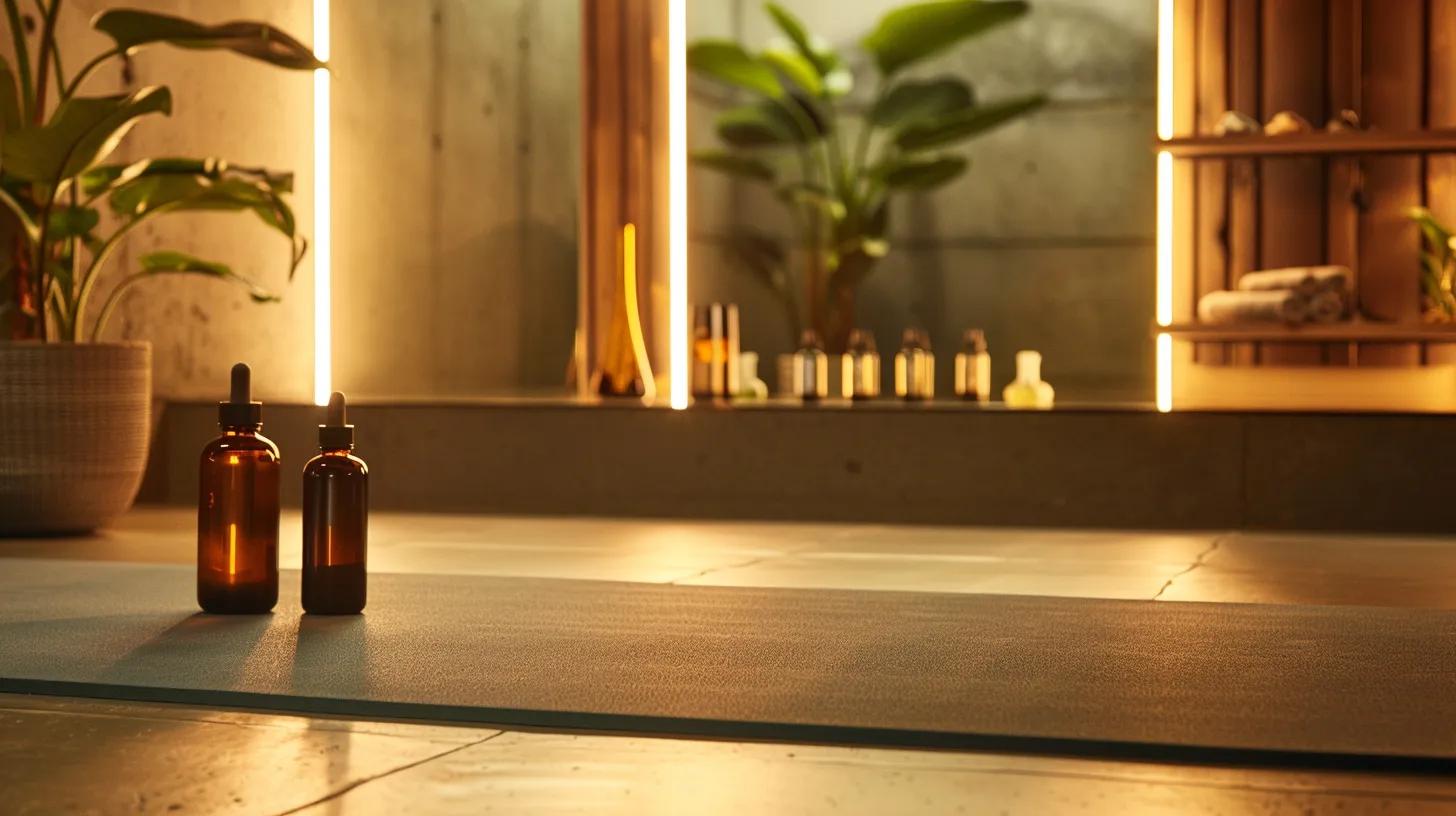 a sleek, modern gym interior showcases a vibrant display of sweat cbd products strategically placed beside a yoga mat, with a soft, ambient glow enhancing the serene atmosphere ideal for post-workout recovery. a sleek, modern gym interior showcases a vibrant display of sweat cbd products strategically placed beside a yoga mat, with a soft, ambient glow enhancing the serene atmosphere ideal for post-workout recovery.