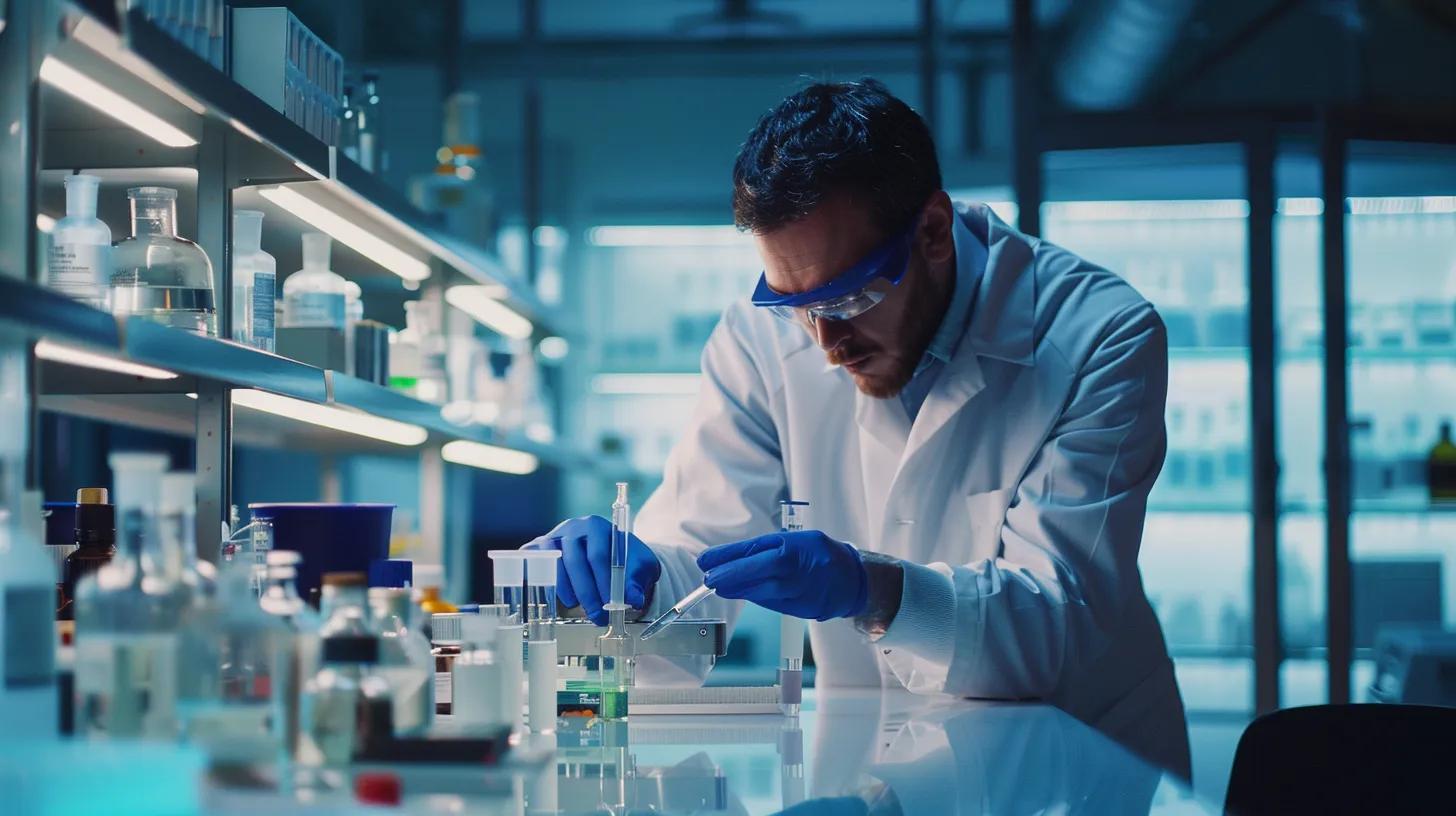 a sleek, modern laboratory setting showcases a scientist meticulously analyzing organic cbd products under bright fluorescent lights, emphasizing the importance of third-party testing and drug-free certification for athlete safety.