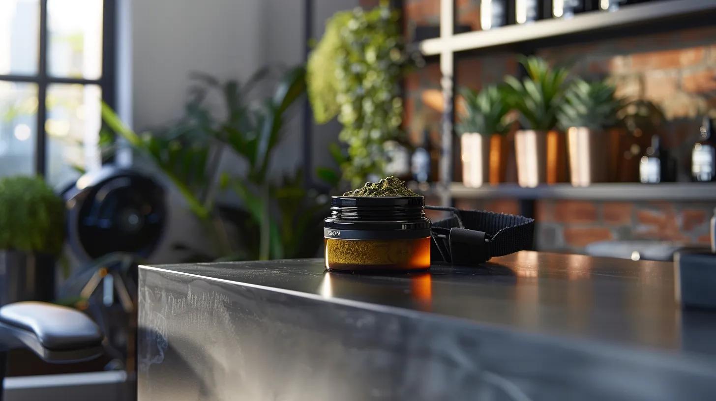 a sleek, modern office countertop features an open jar of cbd muscle recovery rub surrounded by fitness gear, highlighting its role in post-workout recovery within a stylish urban environment.