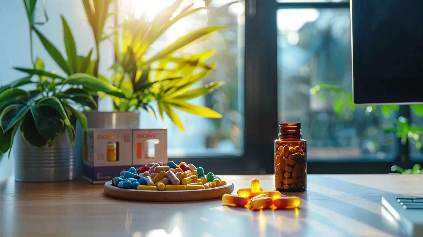 a sleek, modern office desk is set against a backdrop of a minimalistic workspace, featuring a well-organized assortment of colorful cbd gummies next to a bottle of otc medications, symbolizing the contrast between natural and pharmaceutical approaches to stress relief.
