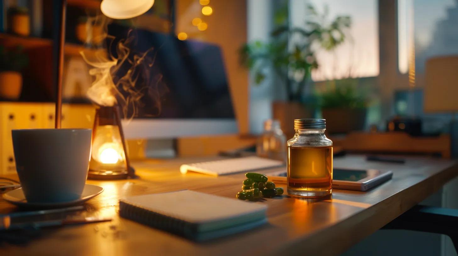 a sleek, modern office desk is prominently featured, displaying an elegantly packaged bottle of cbd gummies alongside a minimalist notepad and a steaming cup of herbal tea, all illuminated by warm ambient lighting that creates a tranquil atmosphere.