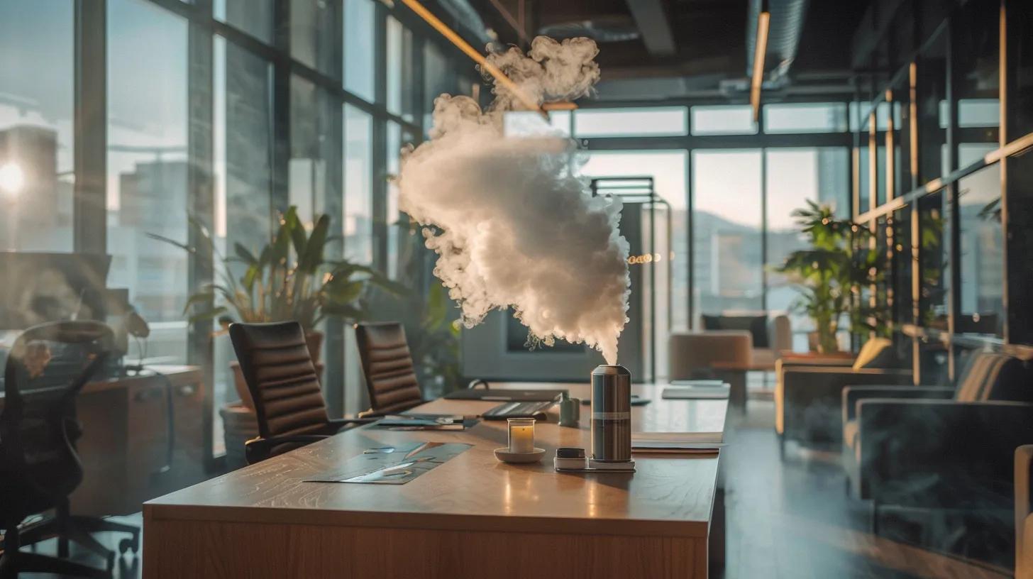 a sleek, modern office space is filled with soft, ambient lighting as a stylish vaporizer emits delicate clouds of vapor, symbolizing the innovative use of inhaling cbd for rapid stress relief.