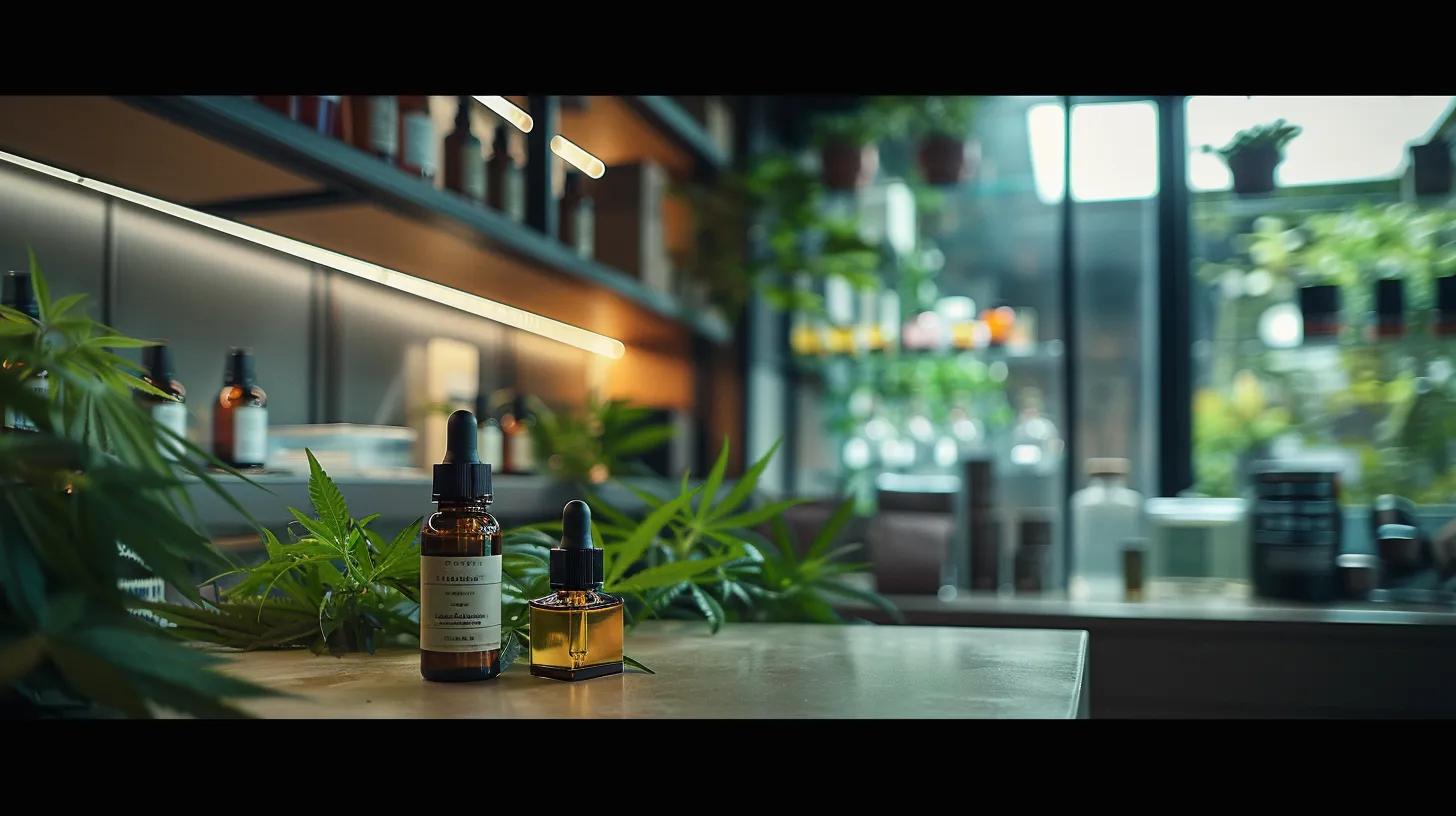 a sleek, modern office space features a prominently placed vaporizer next to a traditional tincture bottle, highlighting the contrasting methods of cbd consumption through a sharp focus on the products, illuminated by cool, artificial lighting.