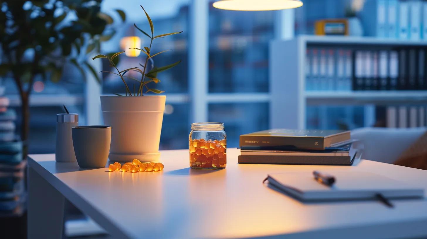 a sleek, modern office table is arranged with an elegant glass jar of vibrant cbd relaxation gummies, accompanied by a stylish notebook and a calming cup of herbal tea, embodying a serene and productive workspace dedicated to mindful wellness. a sleek, modern office table is arranged with an elegant glass jar of vibrant cbd relaxation gummies, accompanied by a stylish notebook and a calming cup of herbal tea, embodying a serene and productive workspace dedicated to mindful wellness.